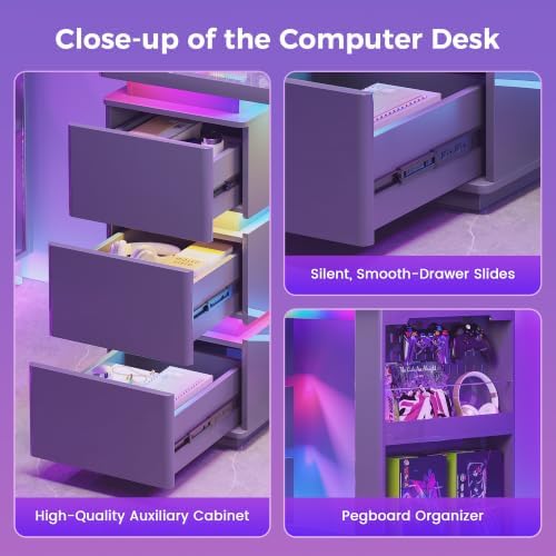 HNEBC 47.2" Gaming Desk with 3 Drawers,LED Lights,Power Outlets,Grey