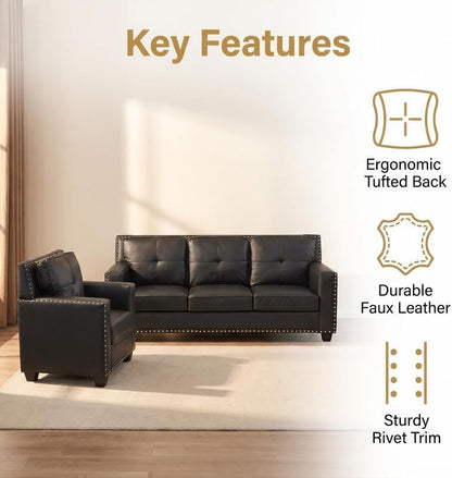 3-Piece Faux Leather Sofa Set, Modern Living Room Couch Set with 3-Seater, Loveseat, and Armchair with Tufted Backrest & Nailhead Trim for Apartment, Office and Small Spaces (Black)