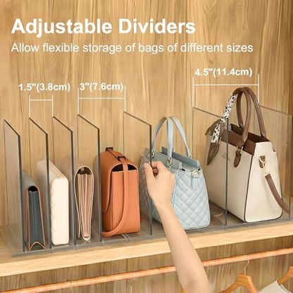 Bag & Purse Organizer for Closet: Adjustable Clear Handbag Storage Shelf - Plastic Clutch Dividers for Closet Organizers and Storage - Keep Carteras & Pocketbook Upright (Pack of 3)