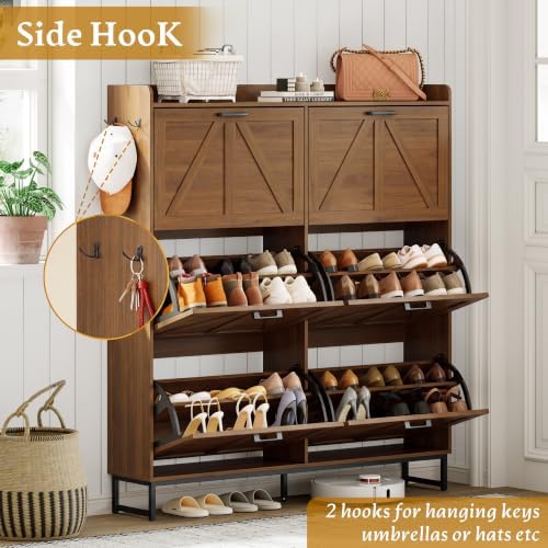Shoe Cabinet Storage for Entryway, Shoe Storage Cabinet with 6 Flip Drawers, Freestanding Narrow Shoe Rack Organizer with Metal Legs, Adjustable Shelves & Open Storage for Foyer, Hallway, Walnut