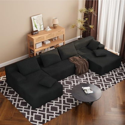 LAUSAINT HOME 132" Modular Sectional Sofa Couches, U-Shaped Boneless Cloud Sofa with 4 Deep Seat, 6 Cushiones Oversized Chaise for Living Room, Bedroom, Plush Corduroy Fabric (U Shaped Sofa, Black)