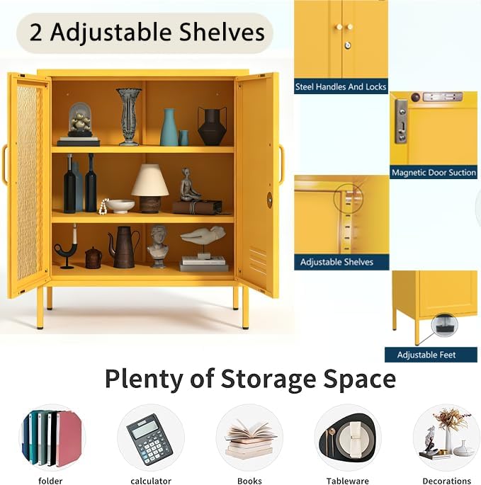 Yellow Metal Locker CabinetsMetal Locker Storage Cabinet with Mesh Doors and Adjustable Shelves Coffee Bar Cabinet,Kitchen Pantry Storage Cabinets for Home, Office, Entryway and Hallway