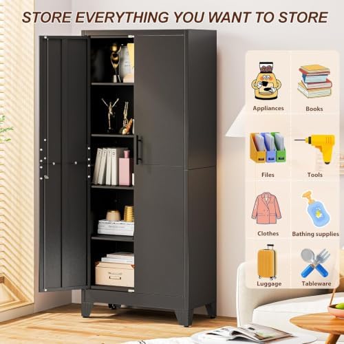 71" Metal Storage Locker Cabinet with Lock and 4 Adjustable Shelves,Steel Lockable Garage Tool Cabinet, File Cabinet,Kitchen Pantry Cabinet for Home,Office,Garage,School,Warehouse Black
