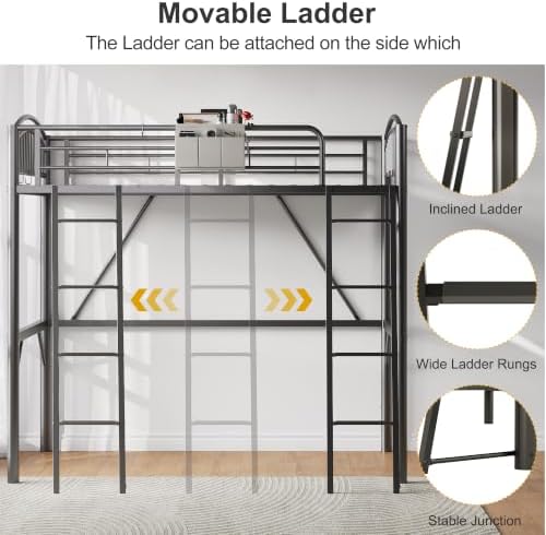 Decofy Metal Loft Bed Twin Size, Heavy Duty Loft Bed with Bedside Caddy, EVA Anti-Slip Ladder with Sturdy Guardrails, Space-Saving Twin Size Loft Bed for Teens & Adults for Bedroom Dorm (Dark Black)