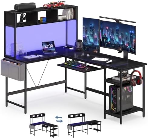 DUMOS 67" L Shaped Gaming Desk, Reversible Computer Desks with LED Lighting