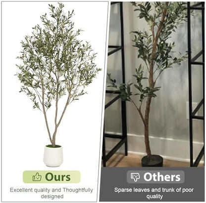 VIVATREES Olive Trees Artificial Indoor, 7FT Tall Faux Olive Tree with White Tall Planter, Artificial Plants with Natural Wood Trunk and Lifelike Fruits for Home Office Decor