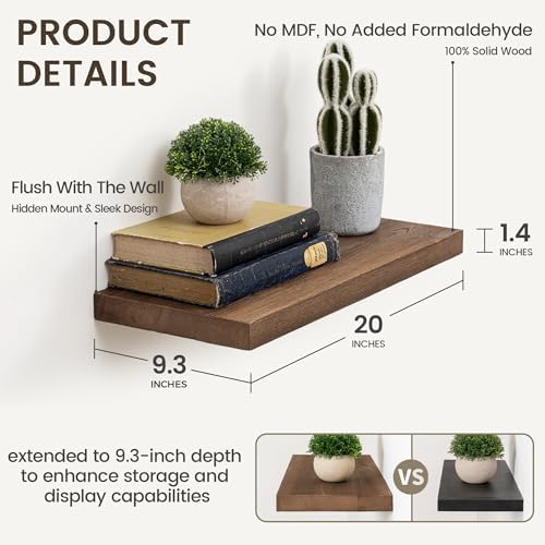 Marsmiles Dark Wood Floating Shelves, 20'' Long, 9.3'' Deep, Set of 2