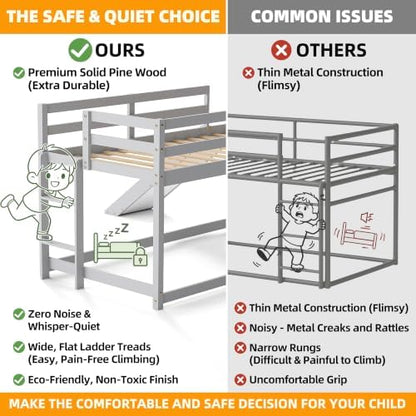 Low Bunk Bed with Slide, Floor Loft Bed with Climbing Ladder, Wood Twin Bunk Bed Frame with Full Guardrails & Storage Space for Kids Toddler