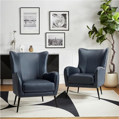 HULALA HOME Faux Leather Accent Chair Set of 2, Navy