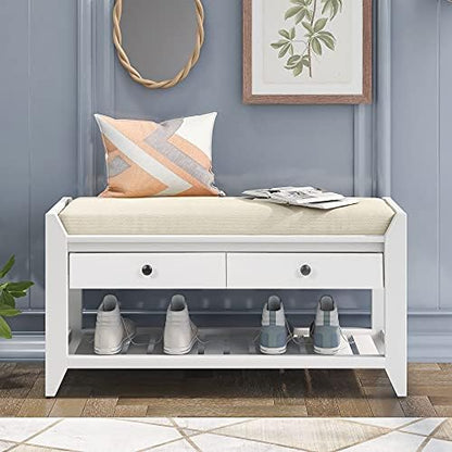 Merax Farmhouse Wood Shoe Bench with Storage and Seat Cushion Entryway Bench with Shoe Shelf and Drawers White