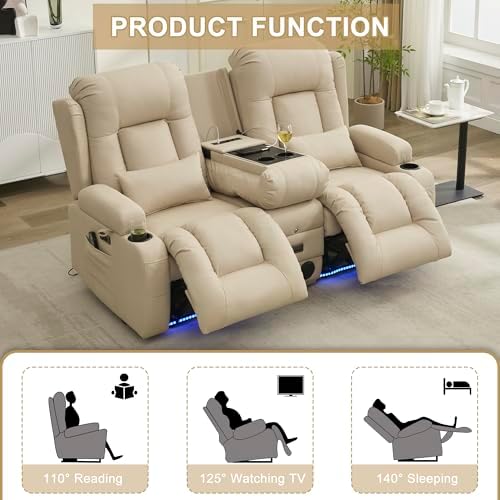 URRED Wall Hugger Power Recliner Sofa with Massage and Heat，Beige