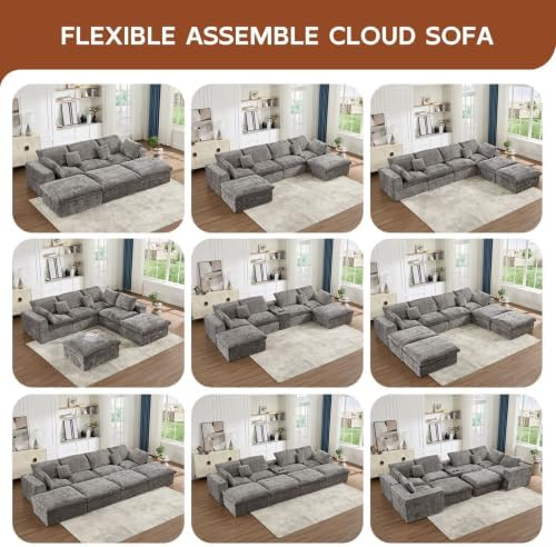 117.5" Oversized Boneless Sleeper Couch,Deep Seat Modular Sectional Sofa Bed,Boneless Couch Sleeper Sofa,Cloud Couch for Living Room,No Assembly,Chenille Light Grey