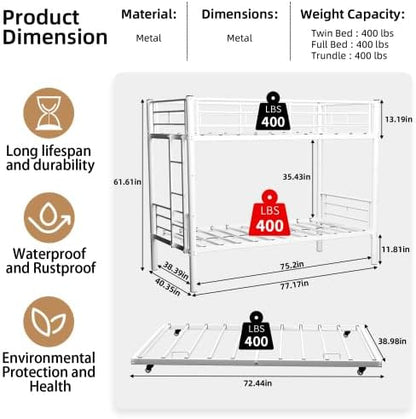 SDHYL Twin Over Twin Bunk Bed with Trundle, Heavy Duty Metal Bunk Beds Frame with Safety Guardrail & Ladder, Noise Reduced, No Box Spring Needed, Space-Saving, White