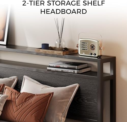 LIKIMIO Queen Bed Frame with 2-Tier Storage Shelf Headboard