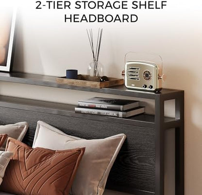 LIKIMIO Queen Bed Frame with 2-Tier Storage Shelf Headboard