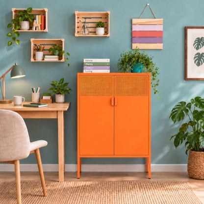 Orange Metal Storage Cabinet with 2 Doors, 47''H Locker Cabinet