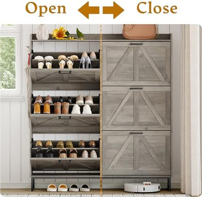 Wodeer Shoe Cabinet Storage for Entryway, Shoe Storage Cabinet with 6 Flip Drawers, Freestanding Narrow Shoe Rack Organizer with Metal Legs, Adjustable Shelves & Open Storage for Foyer, Hallway, Grey