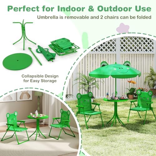 Costzon Kids Picnic Table, Kids Outdoor Table with 2 Folding Chairs, Height Adjustable Umbrella, Portable Children Outdoor Furniture for Patio, Garden, Backyard (Green)
