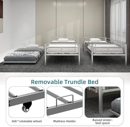 Twin Over Twin Bunk Bed with Trundle, 3-in-1 Metal Triple Bunk Bed Frame Converts into 3 Separate Twin Beds, Heavy-Duty Space-Saving Bunk Bed with Full-Length Guardrail, Ladder, No Box Spring Needed