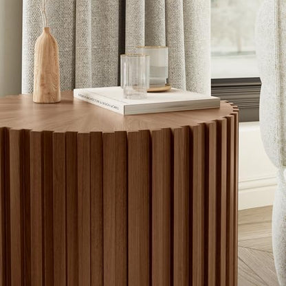 POVISON Fluted Side Set of 2, 20.08" Round End Side Table with Fluted Design for Living Room Bedroom Office, Light Walnut