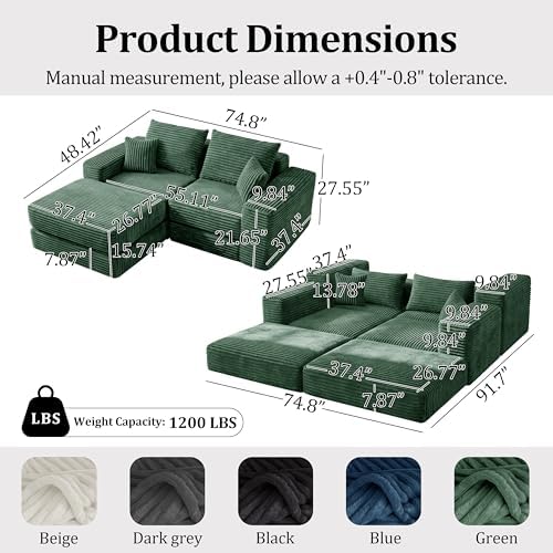 Boneless Couch Comfy Cloud Modular Sectional Sofa with Non Slip Base, Modern L-Shaped Couch with Chaise, Sleeper Sofa for Living Spaces, No Assembly & Deep Seat