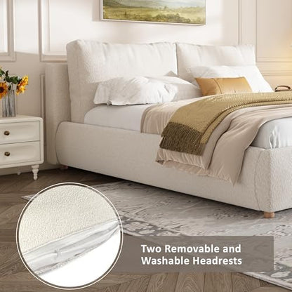 Merax Queen Boucle Upholstered Bed, 2 Removable Headboard Pillows, White