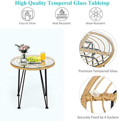 Tangkula 3 Pieces Patio Bistro Set, Rattan Conversation Set with 2 Cushioned Armchairs & Round Glass Coffee Table, Indoor Outdoor Wicker Furniture Set for Balcony, Backyard, Garden, Poolside
