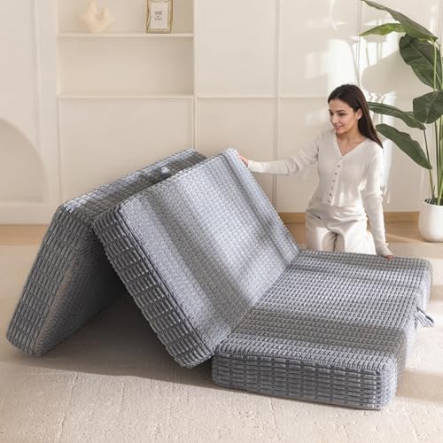 BYBYME Corduroy Memory Foam Tri-Folding Mattress, 6 Inch Gel Folding Mattress Topper, Foldable Soft Guest Bed Camping Pad, Washable Cover (Grey, Full)