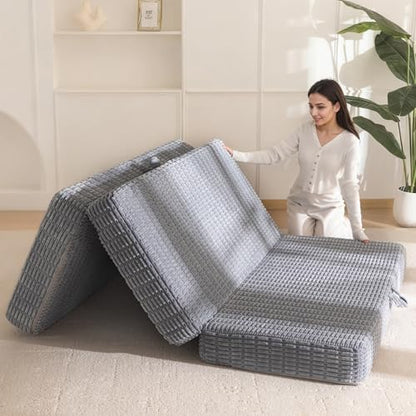 BYBYME Memory Foam Tri-Folding Mattress, 6 Inch Gel Folding Mattress Topper, Foldable Soft Guest Bed Camping Pad, with Washable Cover (Grey, Queen)