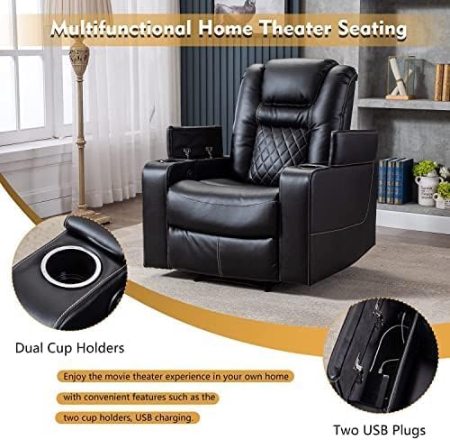 CANMOV Electric Power Recliner Chair Set of 4, Breathable Leather Home Theater Seating with Hidden Arm Storage, Power Recliner Chair for Living Room with USB Ports and Cup Holders,Black