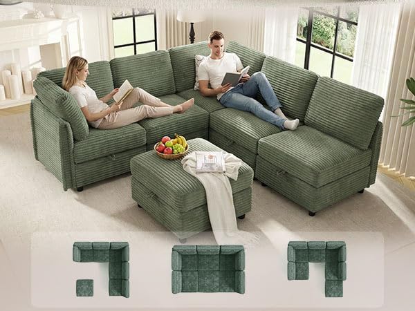KKL Modular Sectional Couches V-Shaped 6 Seater Sofas with Storage Ottoman for Living Room, Convertible L/J-Shaped Modular Sectional Sofa Bed Plush Wide-Wale Corduroy Couch, Apartment, Green