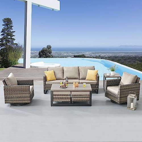 Belord Outdoor Bistro Set 3 Piece Wicker Swivel Rocker Patio Chairs, Oversize Outdoor Rattan Seating Set, Patio Swivel Glider Chairs Wicker Furniture with Metal Side Table for Outside Porch Backyard