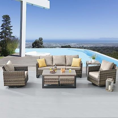 Belord Outdoor Bistro Set 3 Piece Wicker Swivel Rocker Patio Chairs, Oversize Outdoor Rattan Seating Set, Patio Swivel Glider Chairs Wicker Furniture with Metal Side Table for Outside Porch Backyard