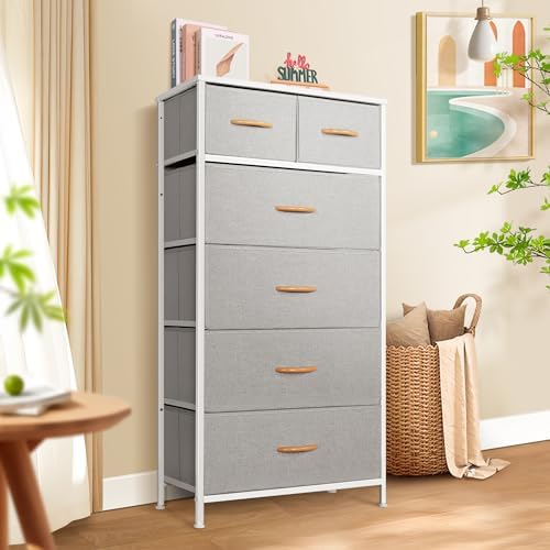 Mifuro Tall Dresser for Bedroom, Vertical Storage Organizer Tower with 6 Drawers, Chest of Drawers with Fabric Bins, Steel Frame, Wood Top for Bedroom, Closet, Entryway- Light Grey