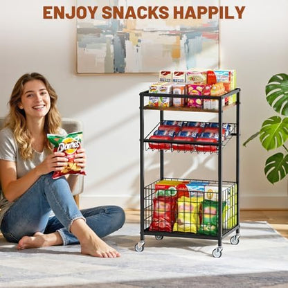 Fruit Vegetable Cart, 3-Tier Snack Cart on Wheels & Wood Top, Brown