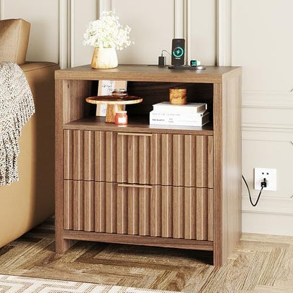 VINGLI Fluted Nightstand with Charging Station, 23.6" W Mid Century Modern Nightstand for Bedroom, 2 Drawer Bedside Table, End Tables Bedroom, Wood Side Table, Brown