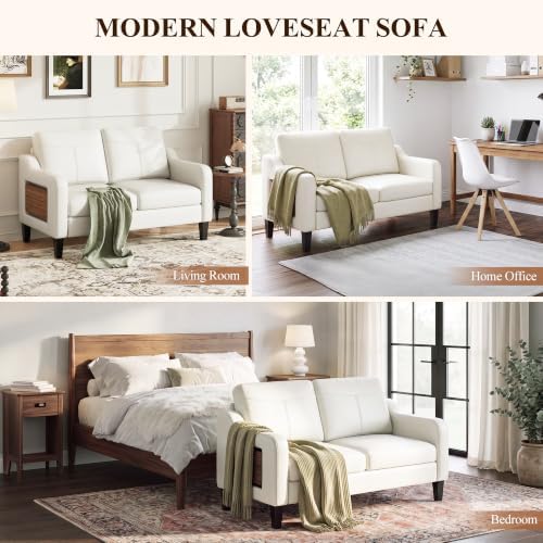 MALOL 51" Leather Loveseat Sofa with Foldable Side Table, Beige