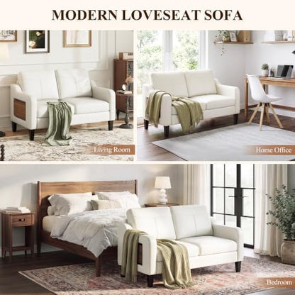 MALOL 51" Leather Loveseat Sofa with Foldable Side Table, Beige