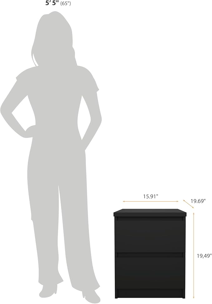 2 Drawer Nightstand, Black Matte | Contemporary Design, Handle-Free