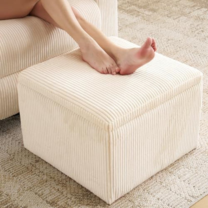 Cube Storage Ottoman, Ottoman Footstool with Removable Lid, Chenille Ottoman Foot Stools, Storage Ottoman for Chair, Multi-Functional Footrest, Corduroy Beige
