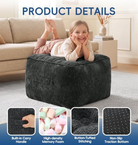 Hobestluk Pouf Ottoman Foot Rest Chenille Square small ottoman, Black