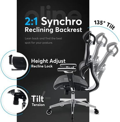 Oline ErgoPro Ergonomic Office Chair, Rolling Desk Chair with 4D Adjustable Armrest, 3D Lumbar Support, Blade Wheels, Mesh Computer Gaming Executive Swivel Chairs Chair (Black)