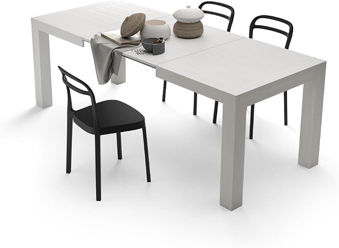 Mobili Fiver, Iacopo Extendable Dining Table, 55.1(86.6) x35.4 in, Ashwood White, for 6-10 People, Expandable Dining Table for Kitchen, Living Room, Italian Furniture