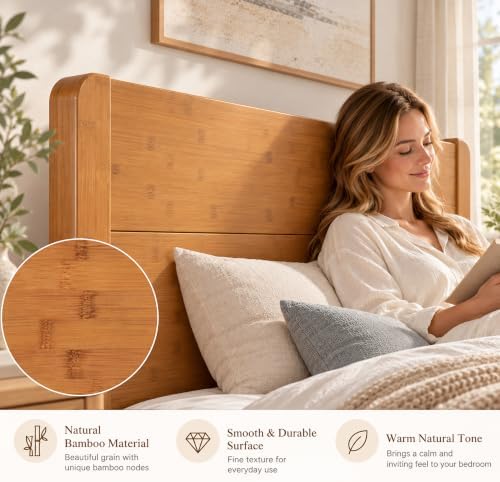 Solid Bamboo Queen Bed Frame with Headboard, Japanese Joinery