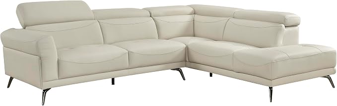 Lexicon L-Shaped Sectional Couch with Right Chaise, Top Grain Leather Match Sectional Sofa, Adjustable Headrests, Black Chrome Metal Legs, High-Density Cushions, Stitching, for Living Room, Beige