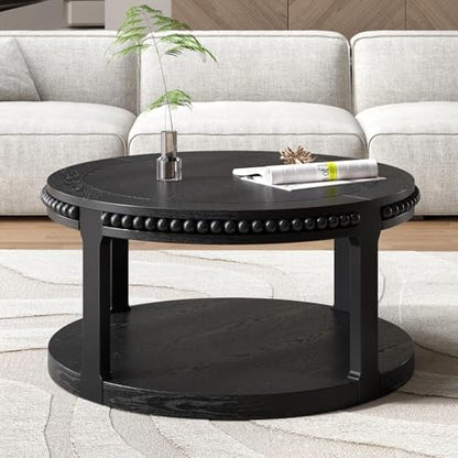 Round Wood Coffee Table, Farmhouse Rustic Circle Coffee Tables, 2-Tier Solid Wood Coffee Table for Living Room Apartment Office-31.5'' Black
