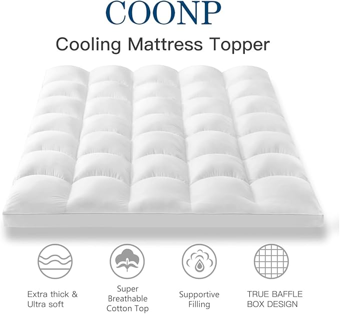 COONP Full Mattress Topper, Extra Thick Pillowtop, Cooling Plush Mattress Pad Cover Cotton Top Bed Topper Protector with 8-21 Inch Deep Pocket