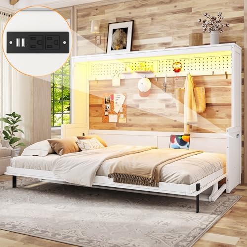 Bellemave Queen Murphy Bed with Desk,LED Lights, Cabinet Bed Frame with USB Port, Noisy Free, for Guest Bedroom, Living Room, White