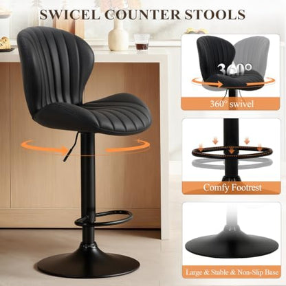 COLAMY Bar Stools Set of 2,Swivel Adjustable Height Leather Bar Chair,Black