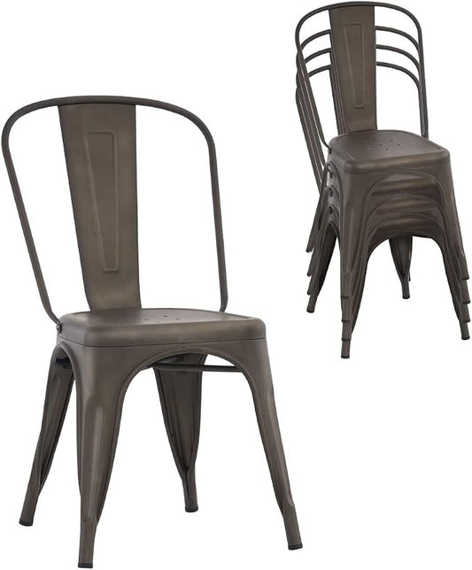 Nazhura Metal Dining Chair Farmhouse Tolix Style for Kitchen Dining Room Café Restaurant Bistro Patio, 18 Inch, Stackable, Waterproof Indoor/Outdoor (Sets of 4) (Steel Seat, Bronze)